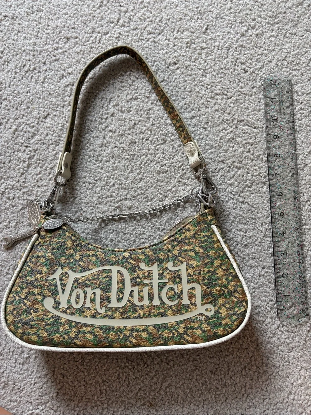 Von Dutch Green Camo Mini Shoulder Bag with Silver Chain Accents